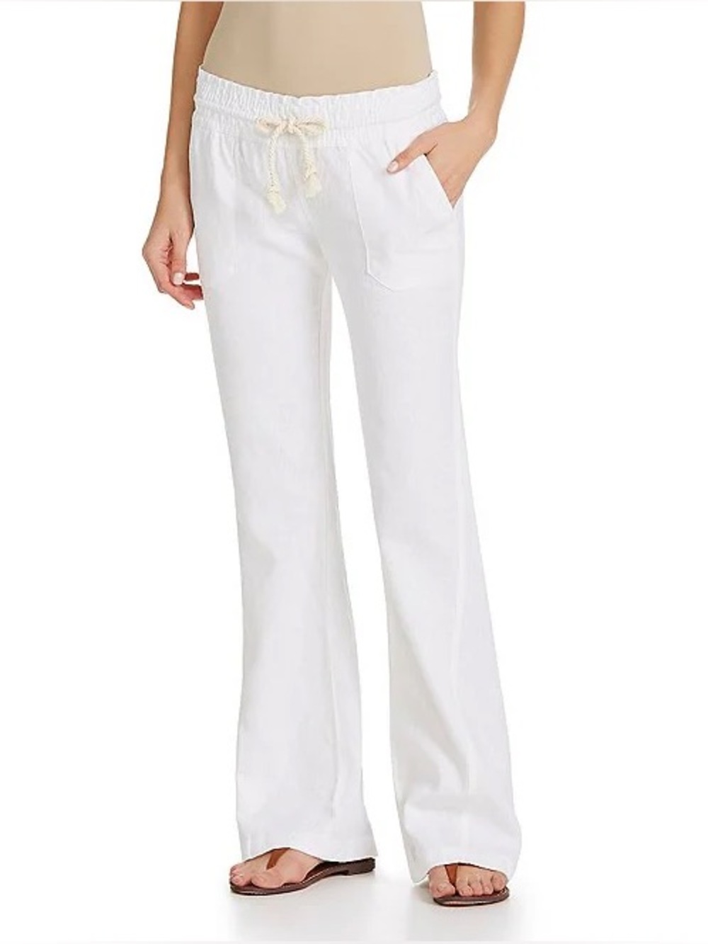 ROXY Women’s Off-White Wide-Leg Drawstring Linen Blend Pants